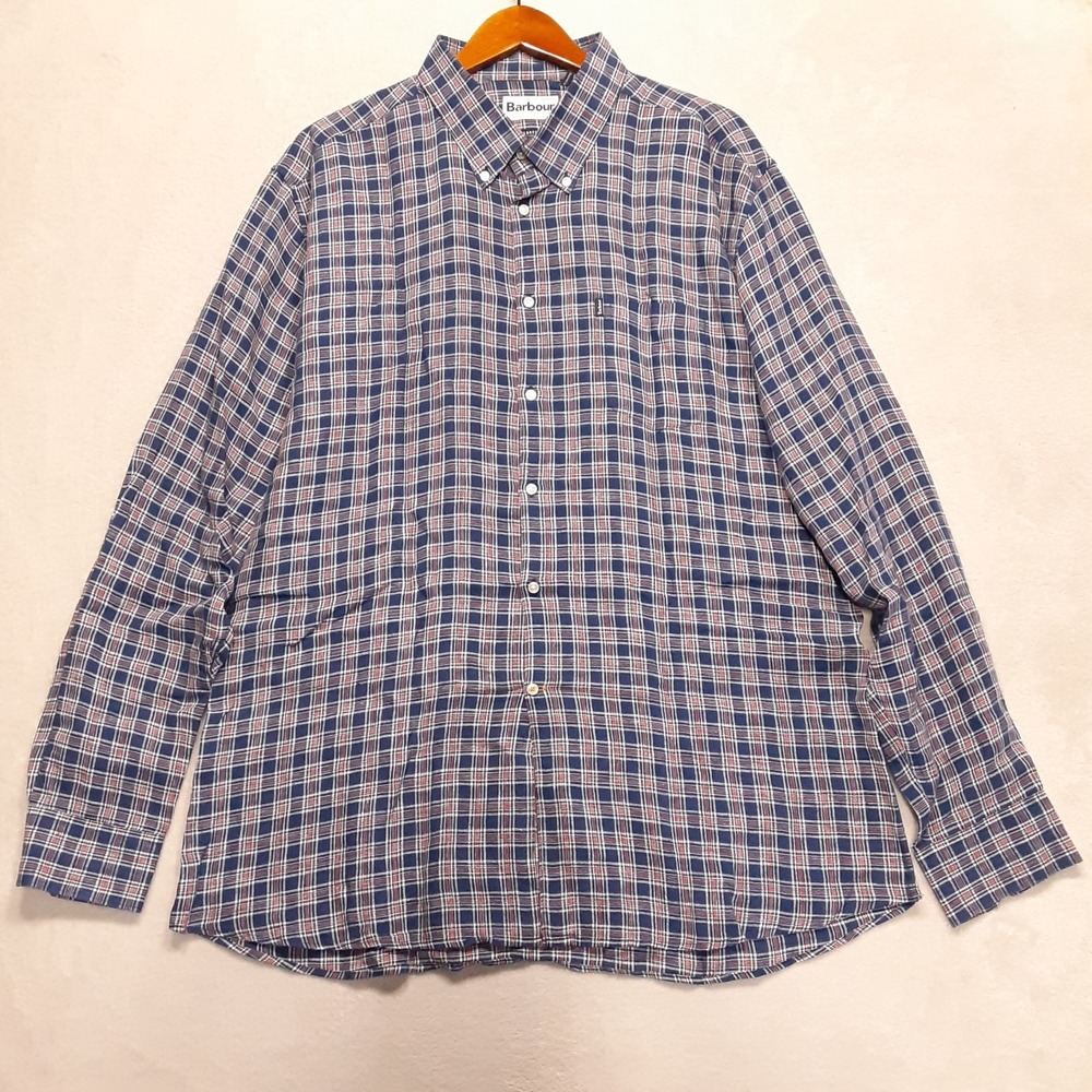 Barbour Mens LS Button Down Linen Shirt Sz.XL/Blue Red Tartan Plaid/Tailored Fit